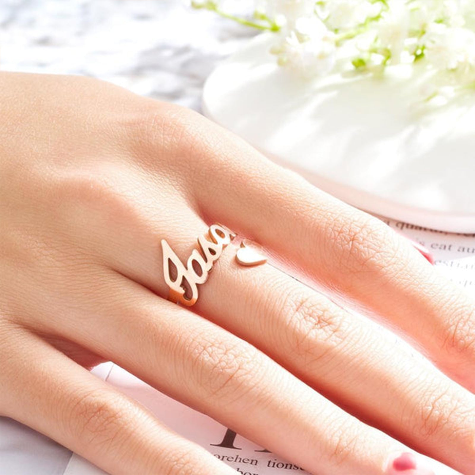 Personalized Adjustable Name Ring With Heart