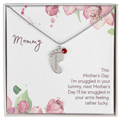 Mom to Be: Personalized Engraved Baby Feet Necklace With Birthstones