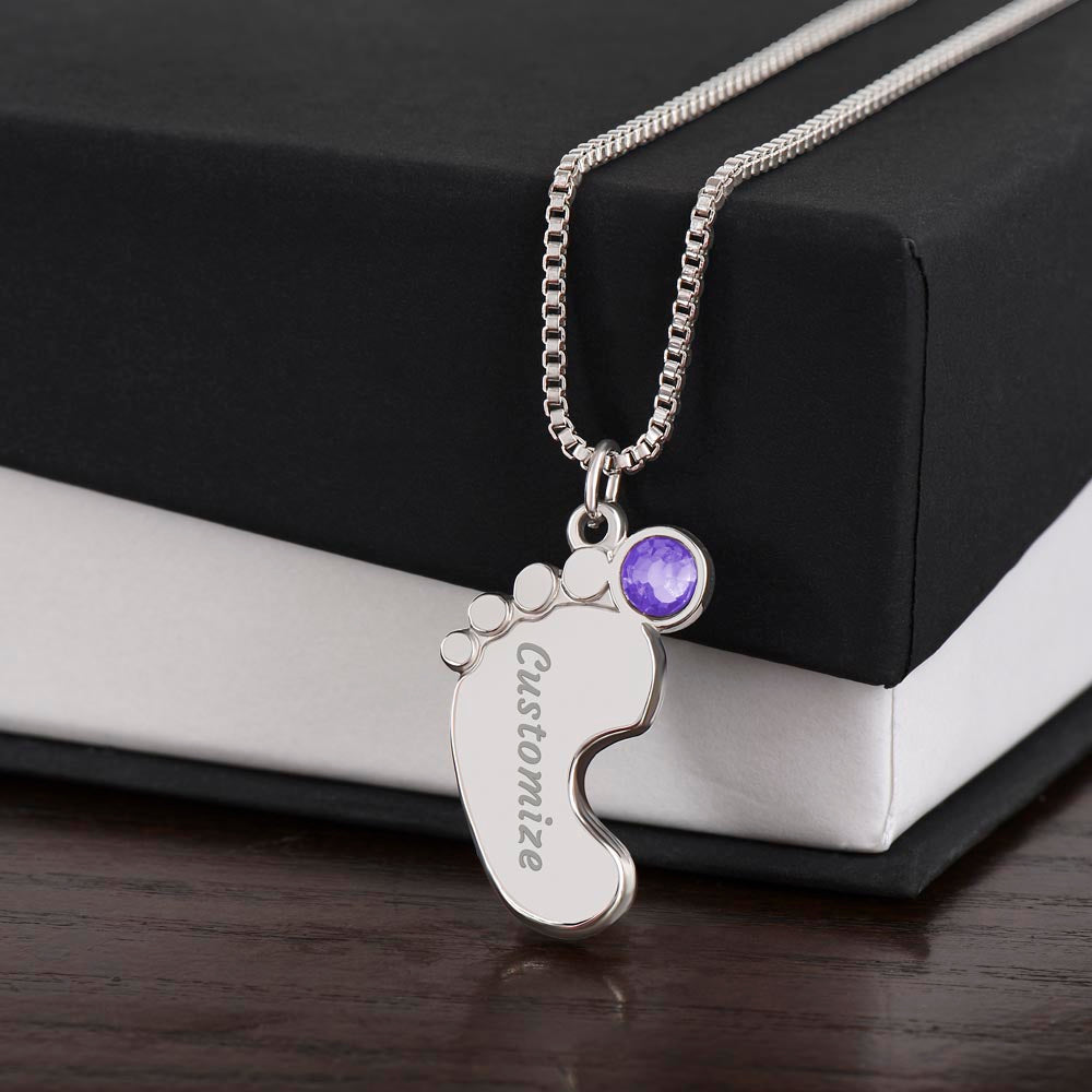 Mom to Be: Personalized Engraved Baby Feet Necklace With Birthstone