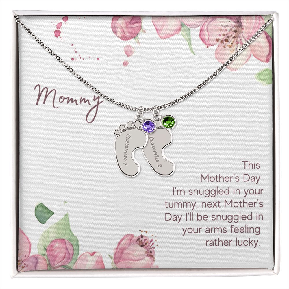 Mom to Be: Personalized Engraved Baby Feet Necklace With Birthstones