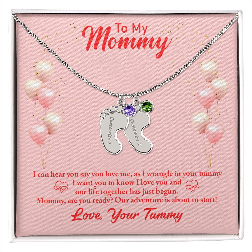 Mom to Be: Personalized Engraved Baby Feet Necklace With Birthstones