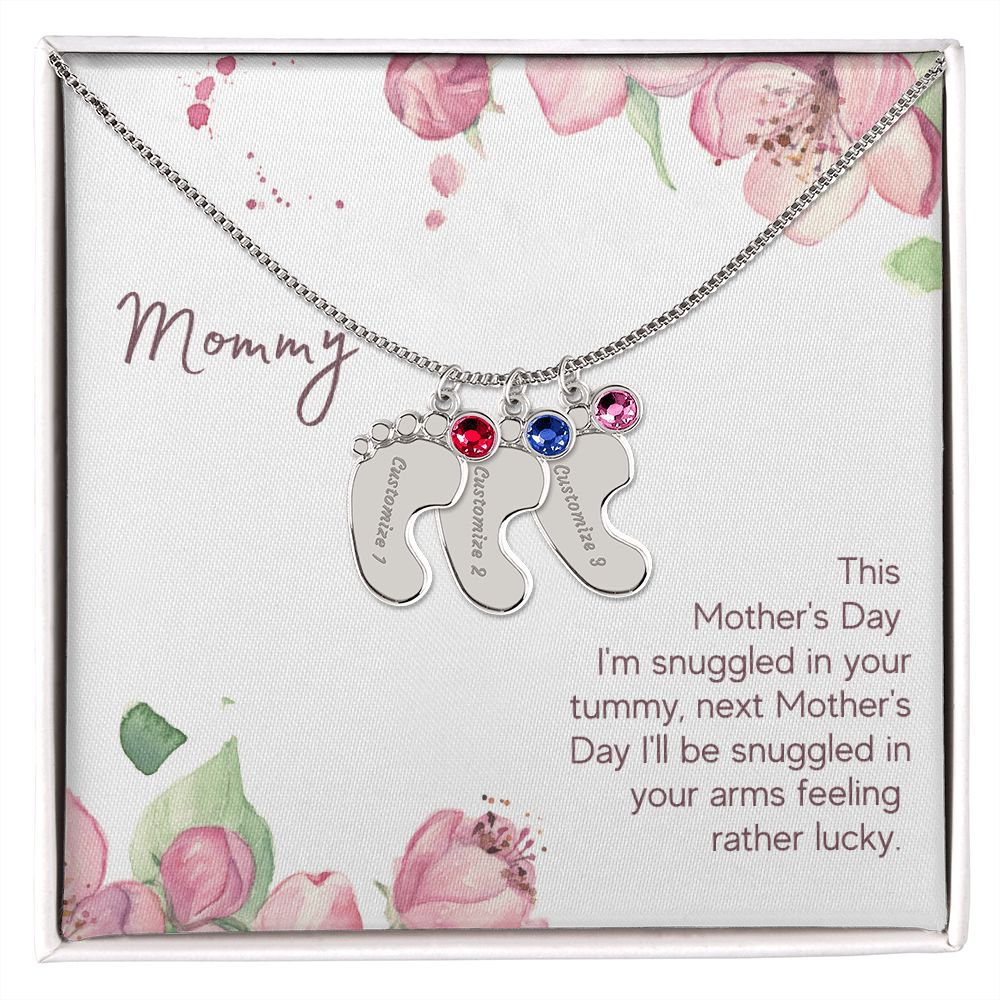 Mom to Be: Personalized Engraved Baby Feet Necklace With Birthstones