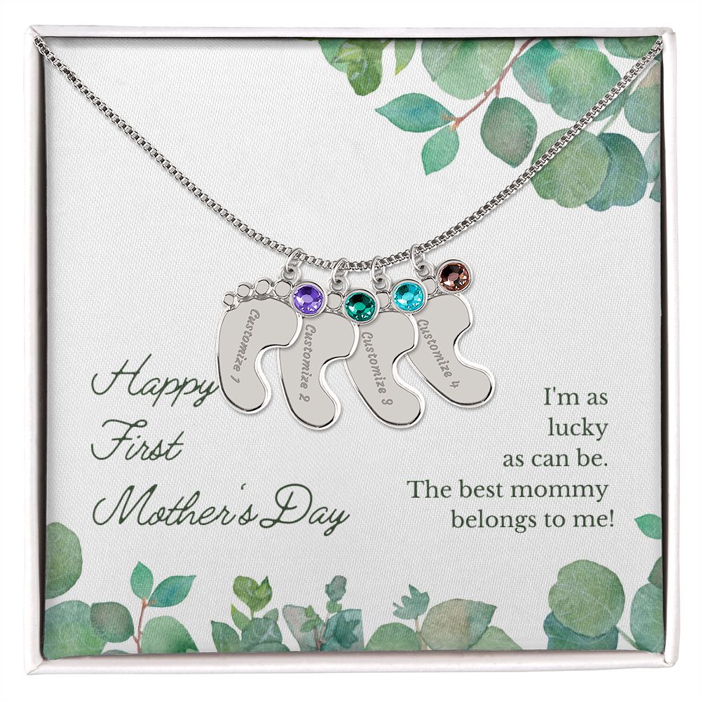 Mom to Be: Personalized Engraved Baby Feet Necklace With Birthstones