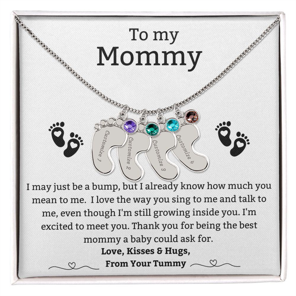 Mom to Be: Personalized Engraved Baby Feet Necklace With Birthstones