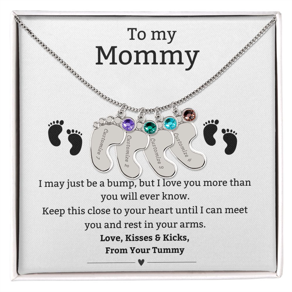 Mom to Be: Personalized Engraved Baby Feet Necklace With Birthstone