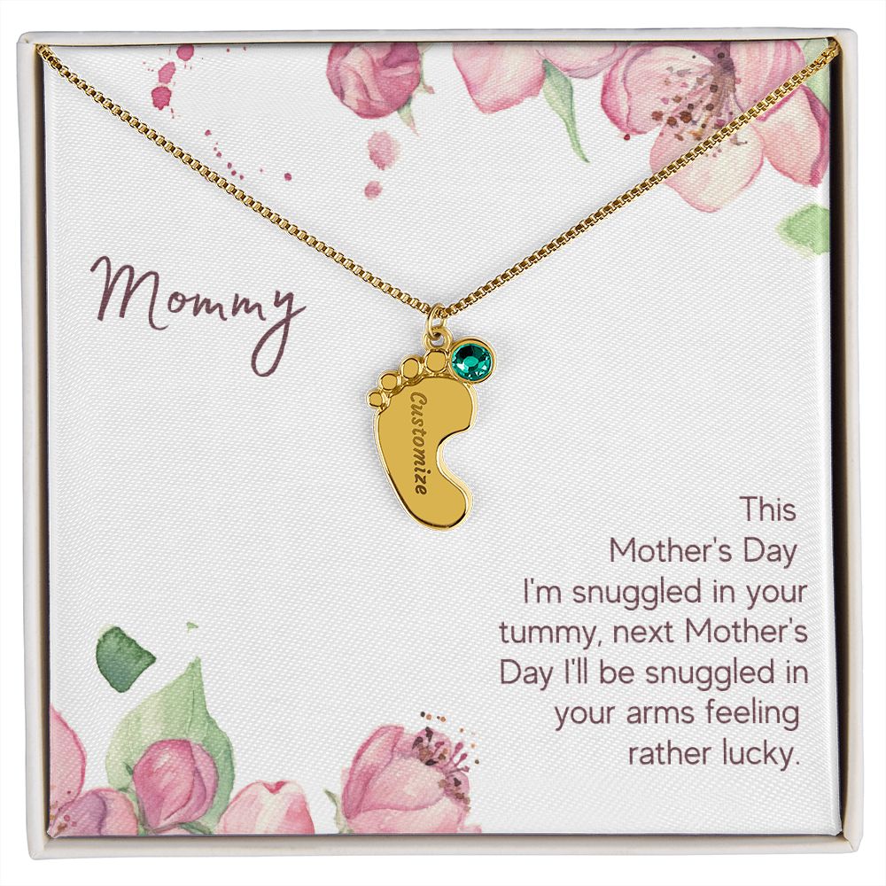 Mom to Be: Personalized Engraved Baby Feet Necklace With Birthstones