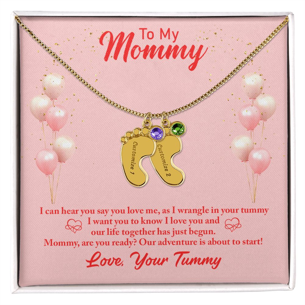 Mom to Be: Personalized Engraved Baby Feet Necklace With Birthstones