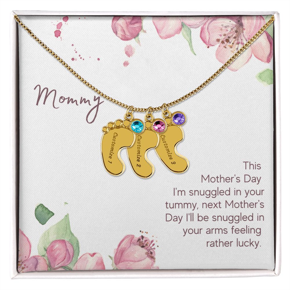 Mom to Be: Personalized Engraved Baby Feet Necklace With Birthstones