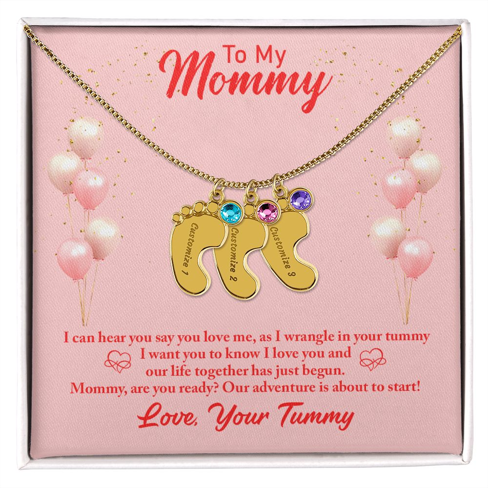 Mom to Be: Personalized Engraved Baby Feet Necklace With Birthstones