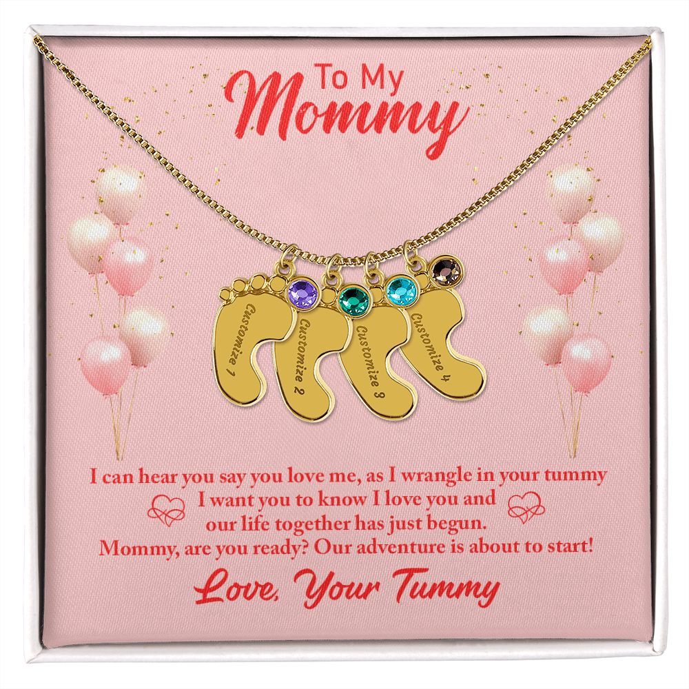 Mom to Be: Personalized Engraved Baby Feet Necklace With Birthstones