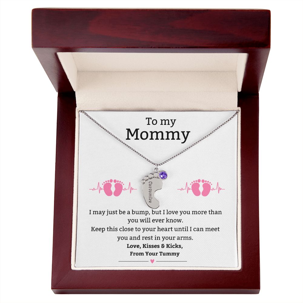 Mom to Be: Personalized Engraved Baby Feet Necklace With Birthstone