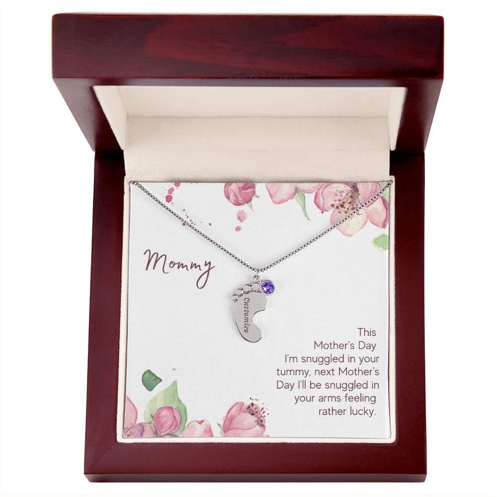 Mom to Be: Personalized Engraved Baby Feet Necklace With Birthstones