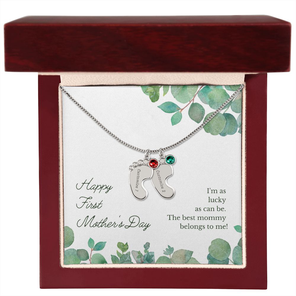 Mom to Be: Personalized Engraved Baby Feet Necklace With Birthstones