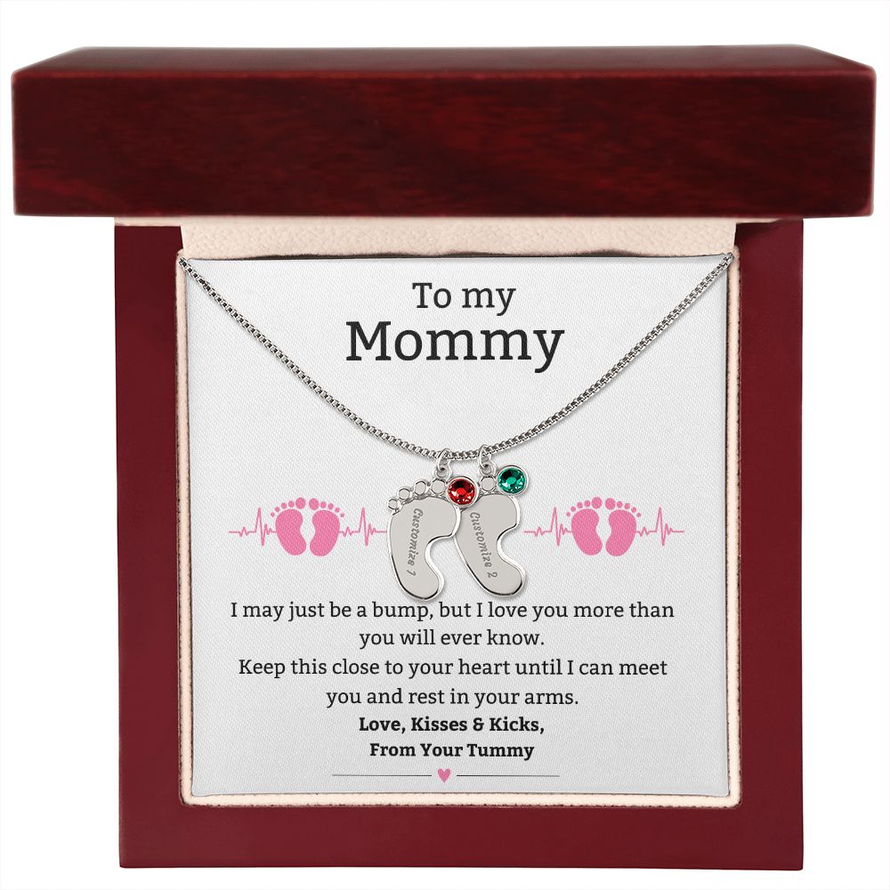 Mom to Be: Personalized Engraved Baby Feet Necklace With Birthstone