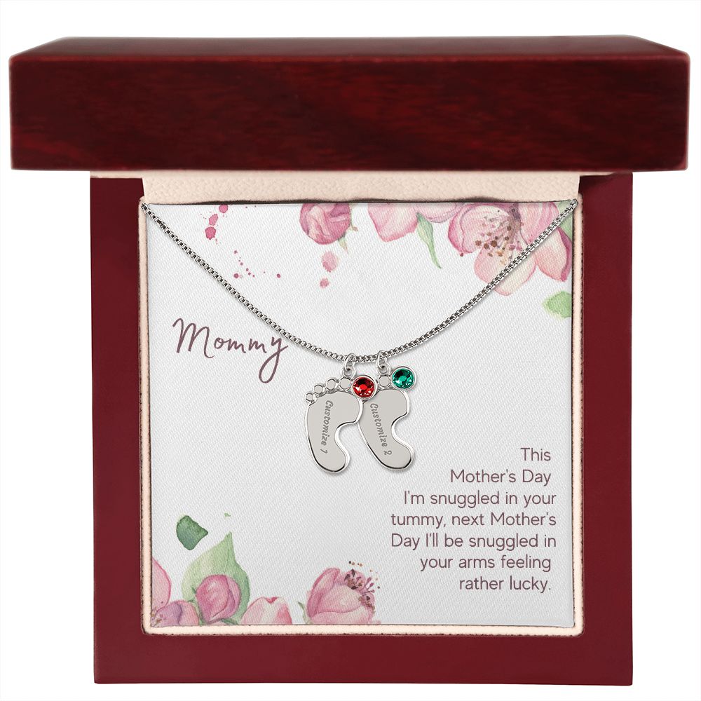 Mom to Be: Personalized Engraved Baby Feet Necklace With Birthstones