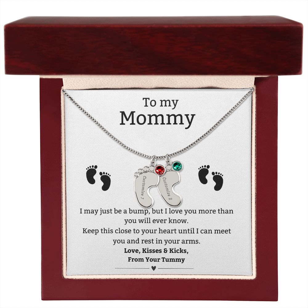 Mom to Be: Personalized Engraved Baby Feet Necklace With Birthstone