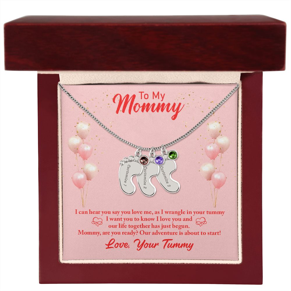 Mom to Be: Personalized Engraved Baby Feet Necklace With Birthstones