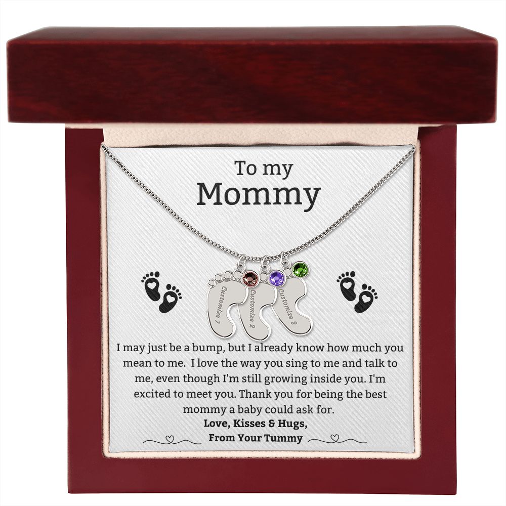 Mom to Be: Personalized Engraved Baby Feet Necklace With Birthstones