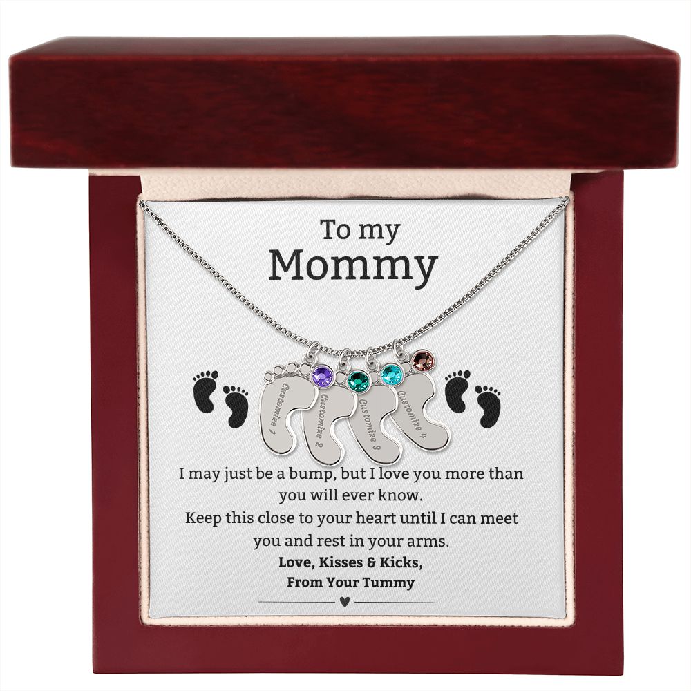 Mom to Be: Personalized Engraved Baby Feet Necklace With Birthstone