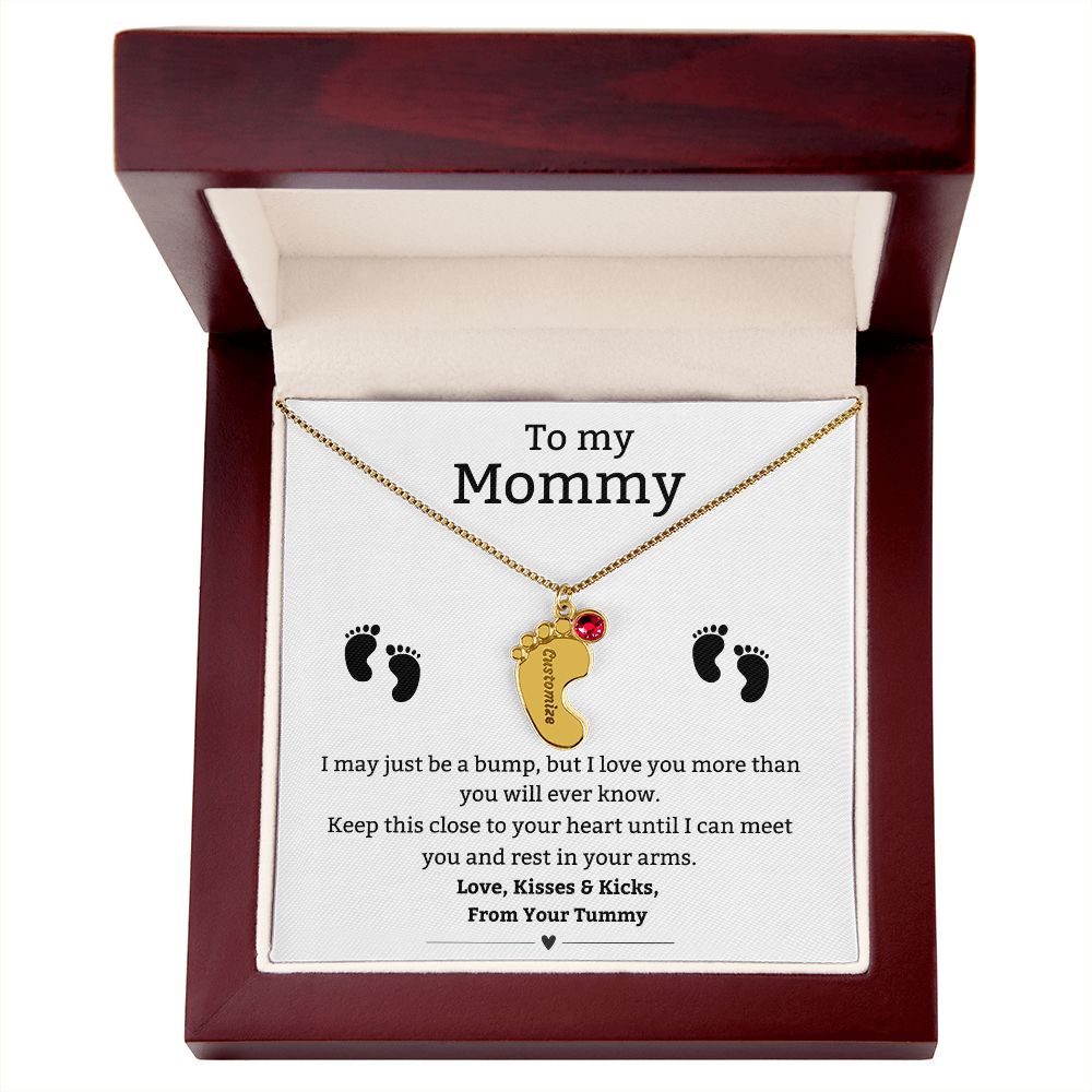 Mom to Be: Personalized Engraved Baby Feet Necklace With Birthstone