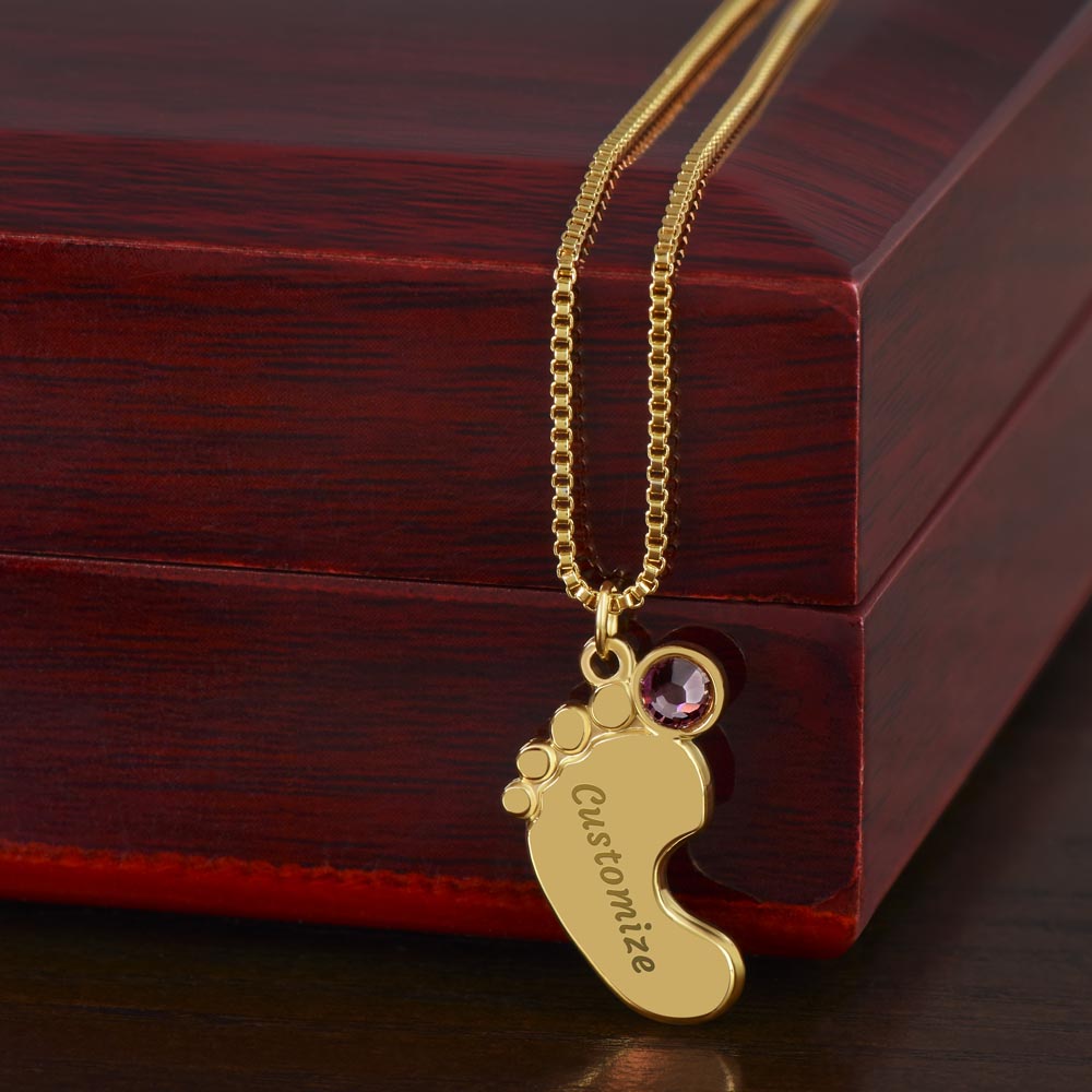 Mom to Be: Personalized Engraved Baby Feet Necklace With Birthstone