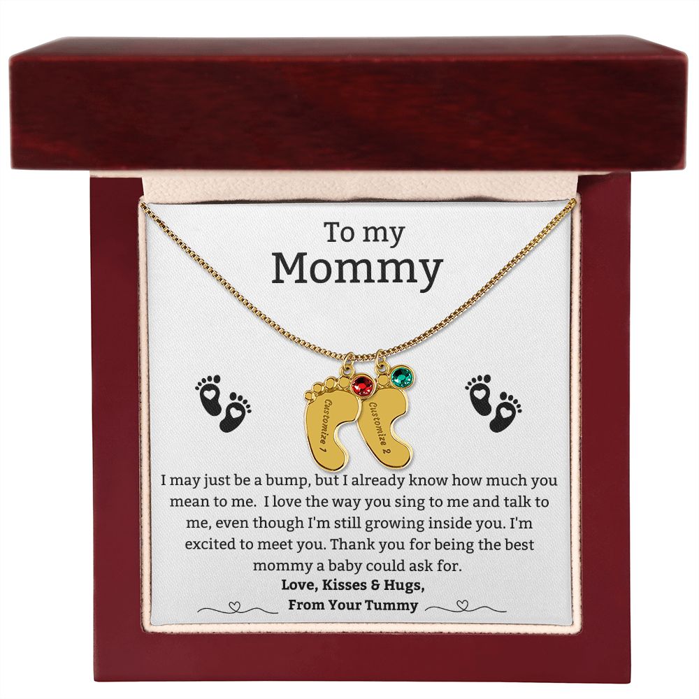 Mom to Be: Personalized Engraved Baby Feet Necklace With Birthstones