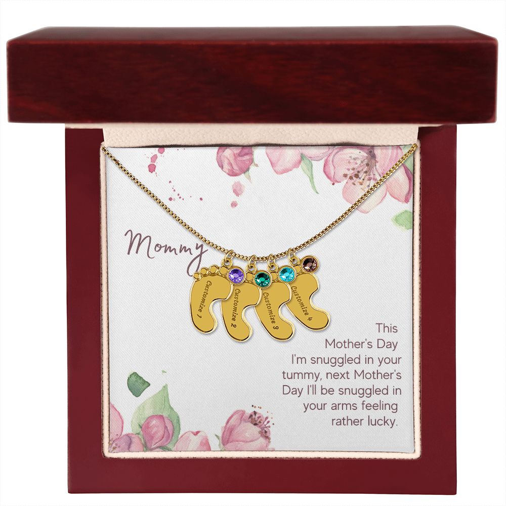 Mom to Be: Personalized Engraved Baby Feet Necklace With Birthstones